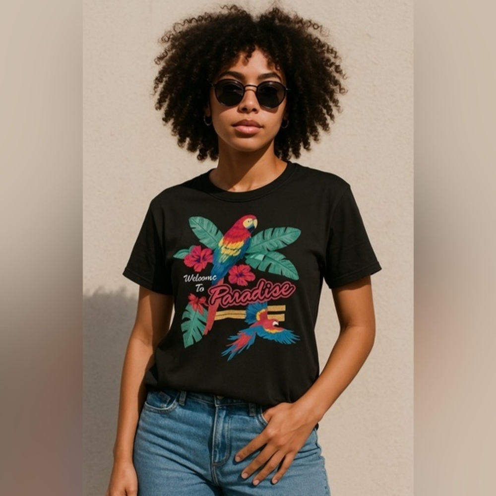 Charlie Holiday Black Parrot Welcome To Paradise Graphic Street Tee NWT 6 #2110